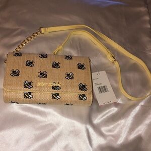 Betsey Johnson Multi Color Raffia & Faux Leather Embroidered Bee Crossbody NWT